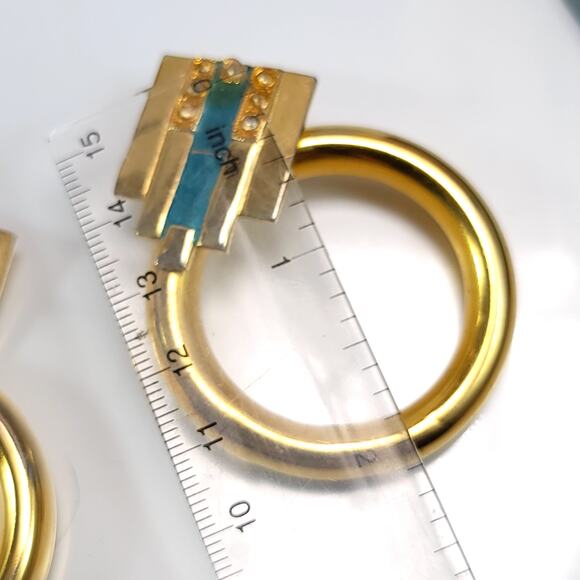 Large Gold Hoop Earrings with Turquoise Accent Retro Statement Jewelry for Women - Picture 10 of 10